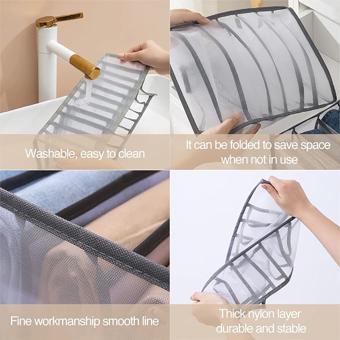 Wardrobe Clothes Organizer, 7 Grids Washable Portable Closet Organizer Mesh Separation Storage Box Foldable Closet Drawer Organizer for Underwear, Socks, Scarves, Jeans (Grey, 4 Jeans Grid)