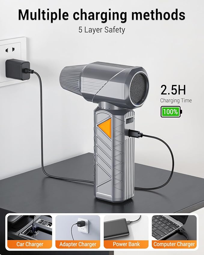 BOBYE Compressed Air Duster, 350W High-Powered Electric Air Duster with 180,000 RPM, Extended Runtime, 10000 mAh Battery, Mini Blower & Air Duster Rechargeable for Keyboard, PC, Car, Home, Silver