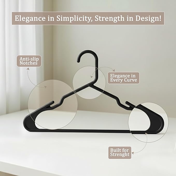 Utopia Home Plastic Hangers 50 Pack, Space-Saving Clothes Hangers with Non-Slip Shoulder Grooves for Strappy Clothes, Ideal for Home Closet Organization and Warddrobe Solutions (Black)
