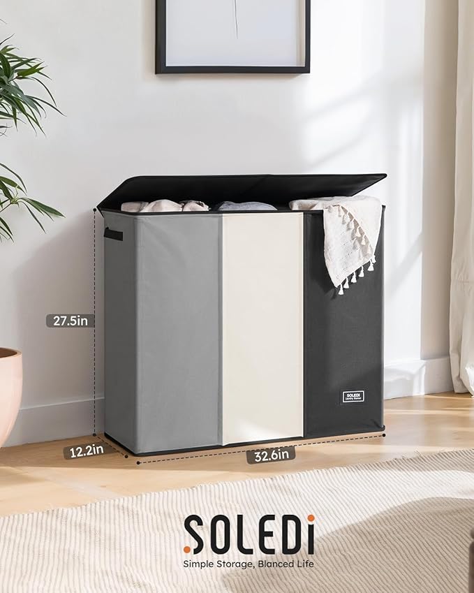 SOLEDI Laundry Hamper 3 section with lid and 3 Pcs Bag, Large Hamper 3 compartment 180L, Laundry Basket Laundry sorter Clothes hamper for Laundryroom Bedroom Blanket Storage Organizer