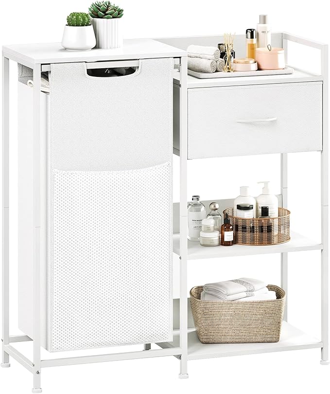 Somdot Laundry Hamper with Fabric Drawer and Shelves, Laundry Basket Sorter with 15.8 Gallons (60L) Pull-Out and Removable Bag, White Leather
