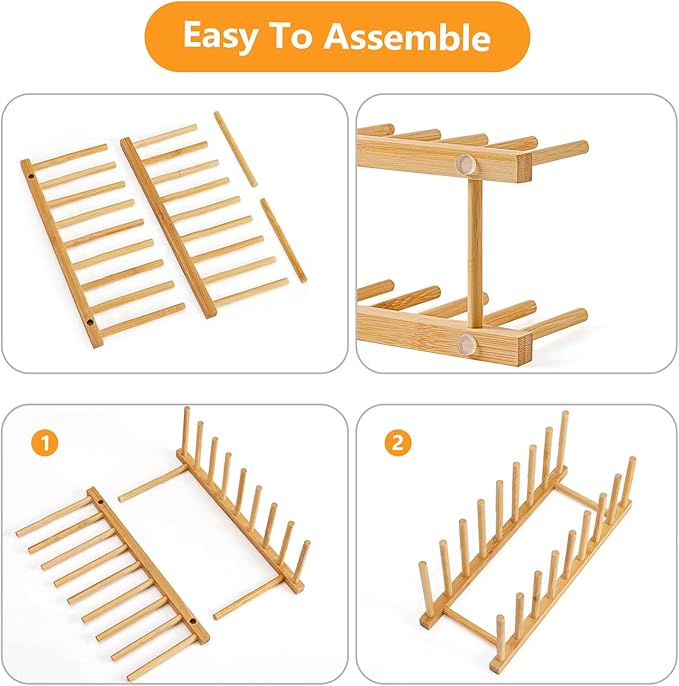 HBlife 2pcs Heighten and Widen Bamboo Dish Dying Rack Pot Lid Plate Organizer Holder for Cabinet, Cutting Board Stand Drainer Storage Plate Rack for Dish, Pot Lid, Bowl, Cup, Cutting Board and Books