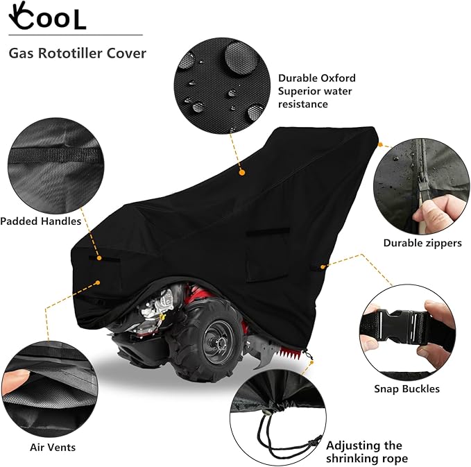 Okcool Gas Rototiller Cover, Universal Waterproof Heavy Duty 600D Rear Tine Tiller Cover with Air Vent (Black)