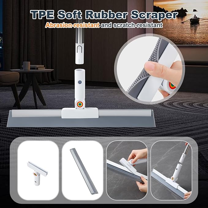 Rubber Squeegee Broom for Floor,Upgrade 62" Long Handle Window Squeegee, 2 Cleaning Cloths, Silicone Pet Hair Remover,Magic Squeegee Broom Removes Water Spots, Stains, Grease, and Glass Surfaces.