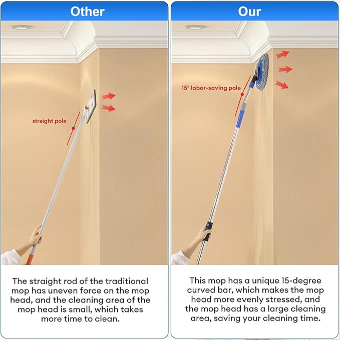 Wall Cleaner, Max 66'' Wall Mop with Long Handle, Ceiling Dust Mop with 15° Labor-Saving Elbow Extension Pole, Baseboard Duster Washer Scrubber, High Reach Window Cleaning Brush, Roof Cleaning Tool-GY