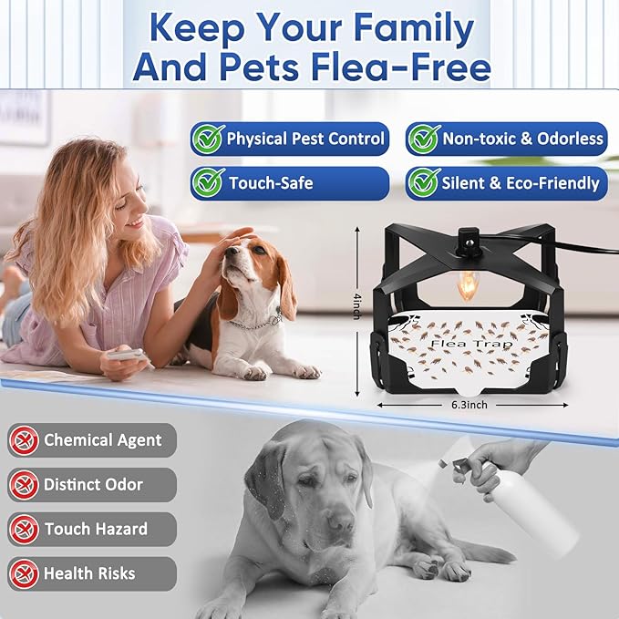 Flea Trap for Inside Your Home - 6 Bulbs & 8 Sticky Glue Boards for Bed Bug Control, Flying Insects Killer, Trap Pest Control for Bugs Gnats Moths Indoor and Outdoor（Black）