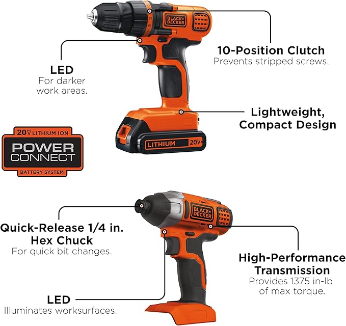 BLACK+DECKER 20V MAX Cordless Drill and Impact Driver, Power Tool Combo Kit with Battery and Charger (BD2KITCDDI)