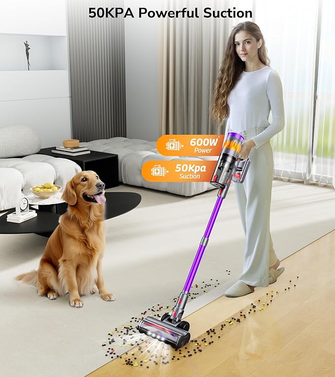 Cordless Vacuum Cleaner, 600W 50Kpa 70 Mins Cordless Stick Vacuum, Self-Standing Wireless Vacuum with Touch Screen, Charging Dock, Anti-Tangle Rechargeable Vacuum Cleaners for Home/Pet Hair/Carpet