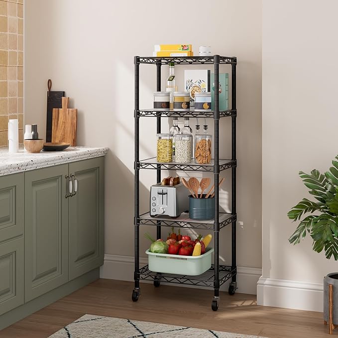 Golpart Small 5 Tier Shelves Storage Wire Shelving Unit Metal Shelf Adjustable Organizers Storage Shelving with Wheels for Bathroom Laundry Room Kitchen Pantry12”D x 18”W x 57.2”H Black
