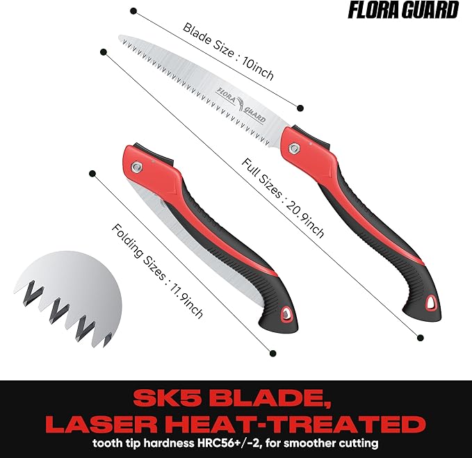 FLORA GUARD Folding Hand Saw, 10-Inch Folding Pruning Camping Heavy Duty Saw with Multi-Level Razer Teeth for Tree Trimming, Wood Cutting, Gardening Tools (Red-10")