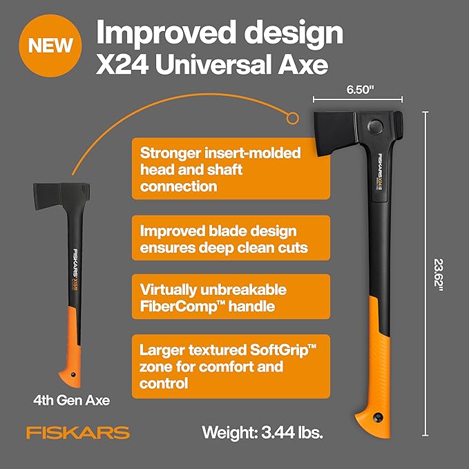 Fiskars X24 Universal Axe 24", Forged Steel Blade for Felling Trees & All-Purpose Chopping, Shock-Absorbing FiberComp Handle & Low-Friction Coating for Clean Cuts in Fresh Resinous Wood