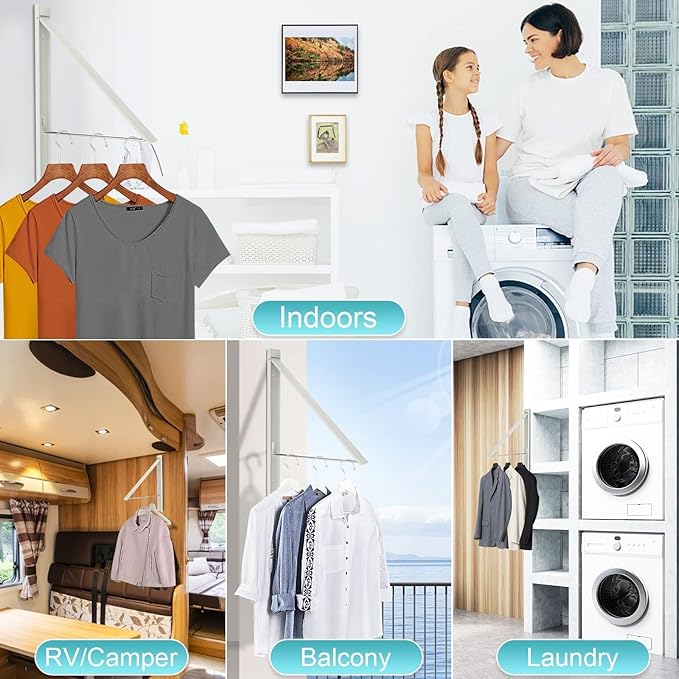 Wall Mounted Drying Rack, Foldable Clothes Airer Rack Heavy Duty 65 lbs, No Drill Space Saving Aluminum Laundry Organizer for Indoor Outdoor, Balcony, Apartment (White)