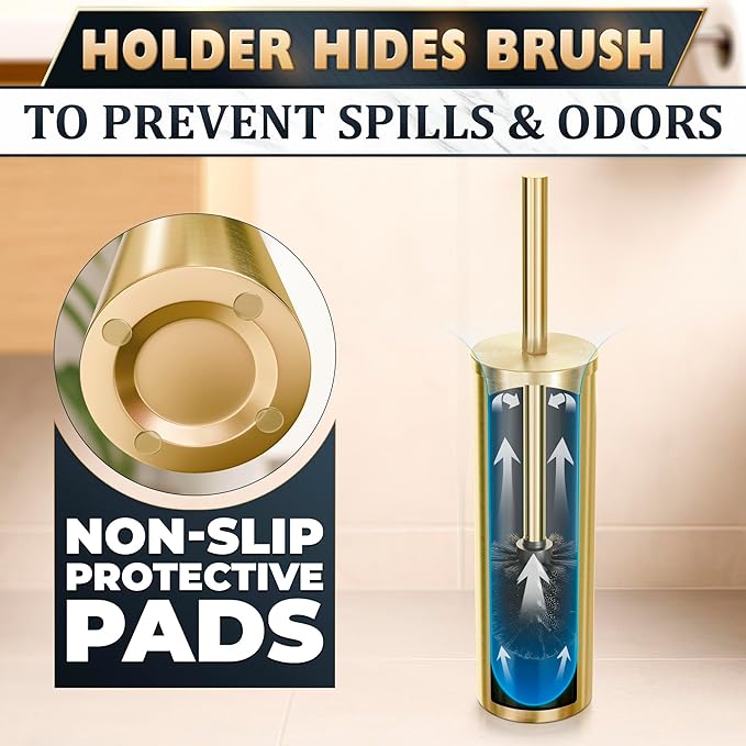 2 PCS Gold Toilet Brush and Holder Set - Brushed Stainless Steel Gold Toilet Bowl Brush and Holder with Replacable Head, Removable Inner Bowl, and Splash Protection - Dense Bristles for Cleaning