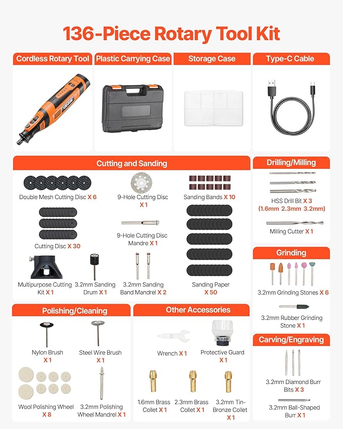 VEVOR 136-Piece Cordless Rotary Tool Kit, DC8V Portable Mini Power Rotary Tool, 5 Speeds 5000-30000RPM Multi-Purpose DIY Tools for Engraving, Sanding, Polishing, Carving, Grinding, Cutting, DIY Craft