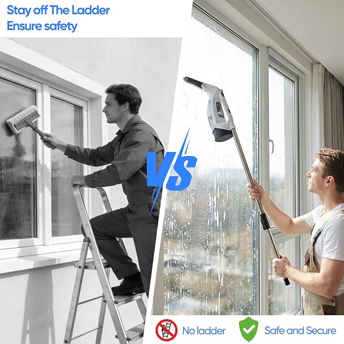 Cordless Window Vacuum Squeegee with Extension Pole Electric Window Cleaner Tool 11 inchs Electric Window Vacuum Shower Squeegee for Shower Door, High Window, Tile and Car Windshield