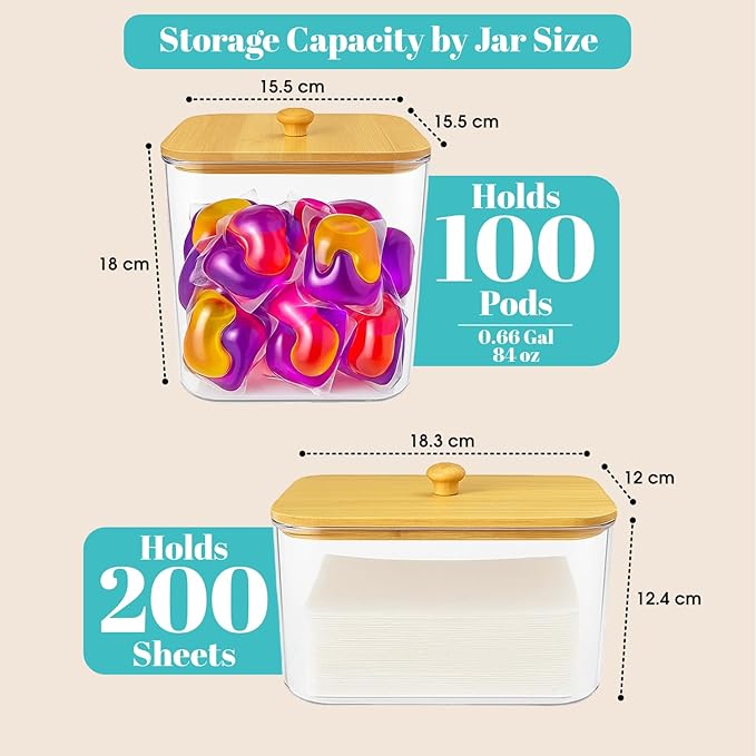 2+1 Laundry Pods Container and Dryer Sheet Holder Set, Clear Laundry Room Organization Containers with Bamboo Lids, Scoops, 10 Labels & 20 Clothespins, Laundry Containers for Pods and Powder