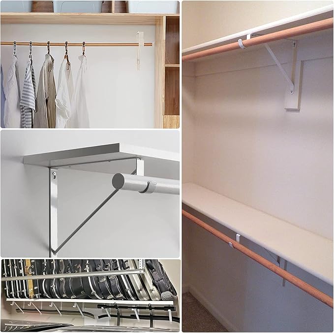 4 Pack Heavy Duty Closet Shelf Rod Brackets 11x11 Inch, 300lbs Wall Mount Closet Shelves Bracket with Rod Shelving Support, Closet Pole Support Bracket with Fixed Hardware, White