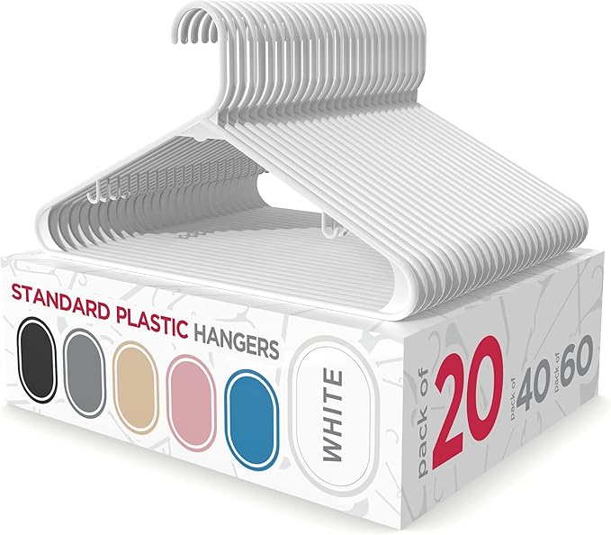 Sharpty Plastic Hangers Clothes Hangers for Clothing, Closet, Coats & Shirts - Durable & Space Saving - for Everyday Standard Use, Room Essentials & Basics - 20 Pack - White