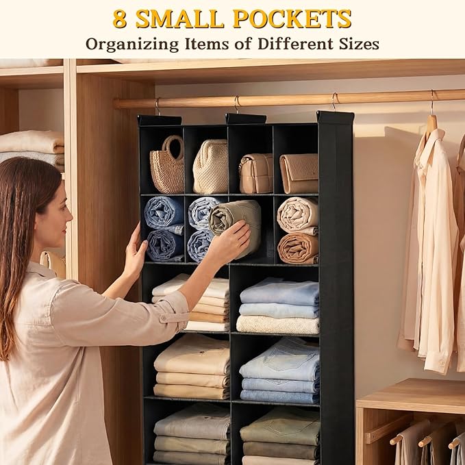 Ofiray-home 5 Tier Hanging Closet Organizer, 14 Compartments Sweater Organizer for Closet with 3 Sturdy Hooks, Closet Organizers and Storage, Wardrobe, Rv, Garment Rack, Black