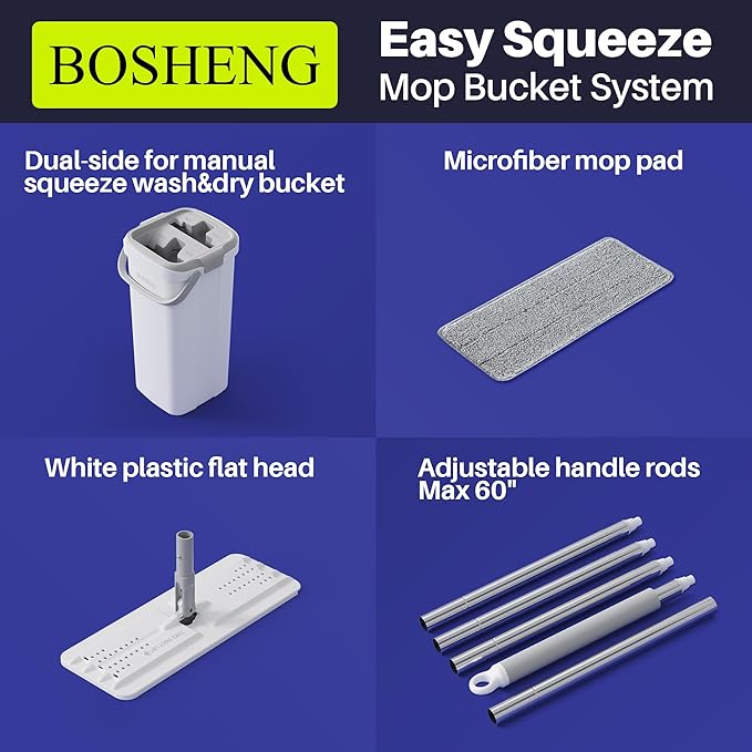 Mop and Bucket Set, Flat Mops for Floor Cleaning, Wall Mop with 60" Extensible Handle, Hardwood Floor Mop with 2 Microfiber Pads