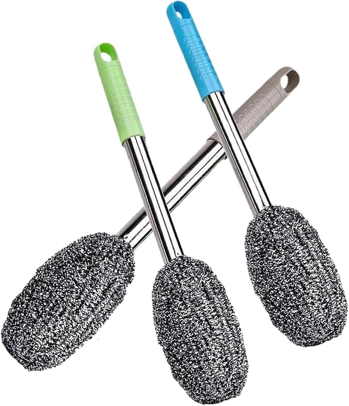 3-Pack Steel Wool Scrubber with Long Handle, Kitchen Dishwashing Pot Scrubber for Deep Cleaning