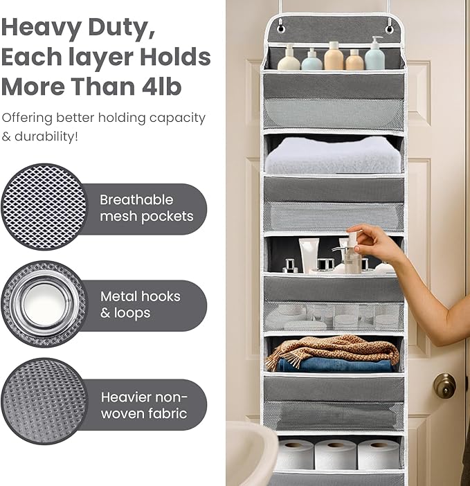 Ease of Assembly Over The Door Organizer, 5 Shelves & 8 Side Pockets,Hanging Behind Door Storage, Heavy-Duty Reinforced Mesh Rack Holds 44lb for Bathroom,Pantry, Nursery,Closet, Shoes, Towels