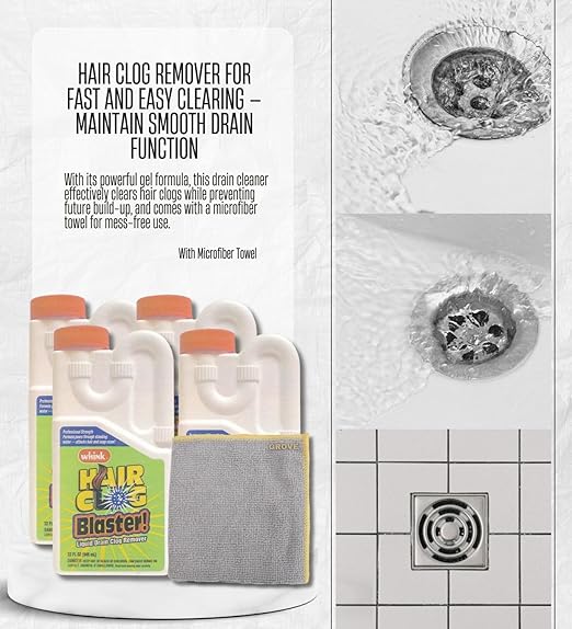 4x Whink Hair Clog Remover 32 oz Bundle with Microfiber Cloth – Hair Clogged Drain Remover – Shower Drain Cleaner for Bathroom and Septic Systems – Gift Set (5 Items)
