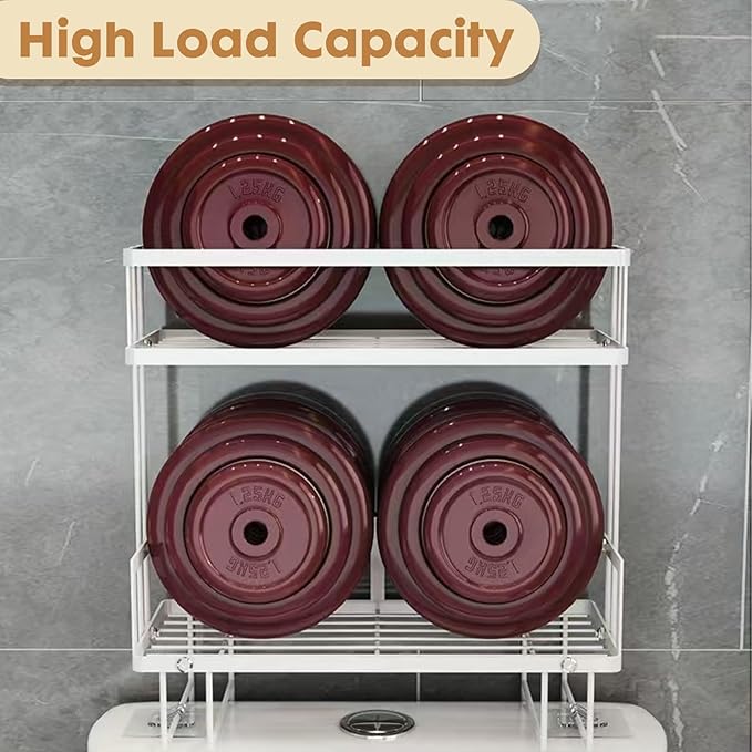 PowerKing Over The Toilet Storage Shelf, 2-Tier Bathroom Organizer Rack with 2 Hooks, No-Drill, Rust-Resistant Steel, Toilet Paper Holder for Restroom Bathroom, Black
