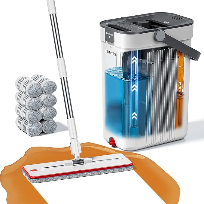 Mop and Bucket Set, Flat Mop and Bucket System with Separate Dirty and Clean Water, 3-Compartment Wall Cleaner Mop, Flat Mops for Floor Cleaning with 8 Microfiber Pads