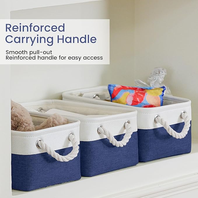 Storage Baskets for Shelves 11.8x7.9x5.2 Inch-Foldable Fabric Organizing Storage Bins with Handles, Closet & Bathroom Organizer, Home Storage for Kitchen, Office (6-Pack, White&Blue)