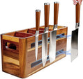Wooden Kitchen Utensil Holder Organizer for Counter or Countertop, Large Wooden Utensil Holder 4 Compartment, Acacia Wood Container Extra Large.with Strong Magnets Multifunctional Storage Knife Holder