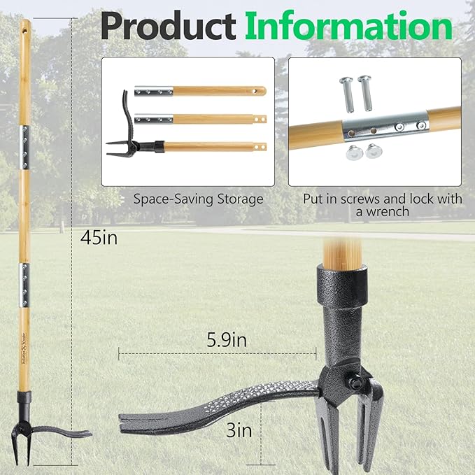 BellaJoyz Weed Puller, Stand-Up Weed Puller Tool with Long Handle & 4-Claw Steel Head, 3-Sectioal Pole Design, Garden Hand Weeding Tool - Easily Remove Weeds Without Bending, Pulling,or Kneeling