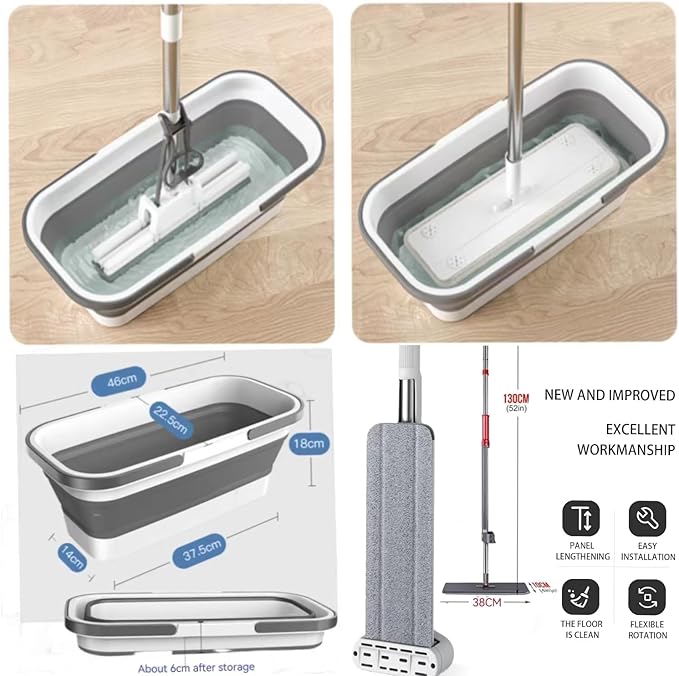 Large Flat Mop and Scalable Bucket with Wheels，360° Rotating Microfiber Dust ，Mop with Dewatering Scraper，54" Adjustable Stainless Steel (1 Mop + 4 Microfiber Pads + 1 Bucket)