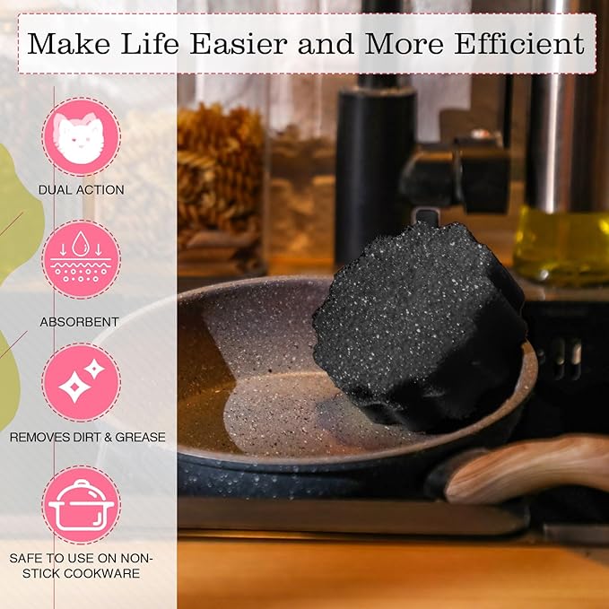 3 Pcs Dual Sided Scrub Sponge Multi Functional Cute Temperature Sensitive Non Scratch Dish Sponge for Washing Dishes Kitchen Bathroom(Flower,Black)