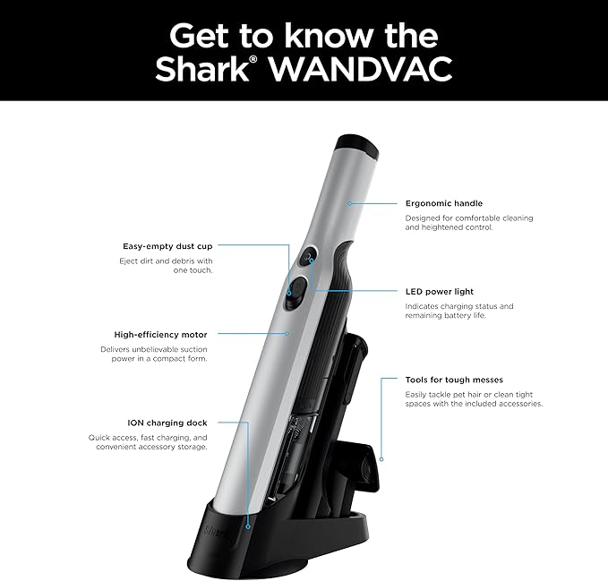 Shark WANDVAC Cordless Hand Vac, Lightweight, Versatile and Portable at 1.4 lbs., Powerful Suction, Charging Dock, One-Touch Empty, NEW Furfins Tool & Crevice Tool for Pet & Home, Gray, WV201WH