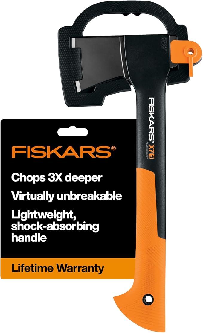 Fiskars X7 Small 14" Hatchet Axe with Sheath for Chopping Wood Kindling for Campfires while Outdoors & Camping, Insert-Molded Forged Steel Head, Low-Friction Blade, Shock Absorbing Handle & Non-Slip Grip