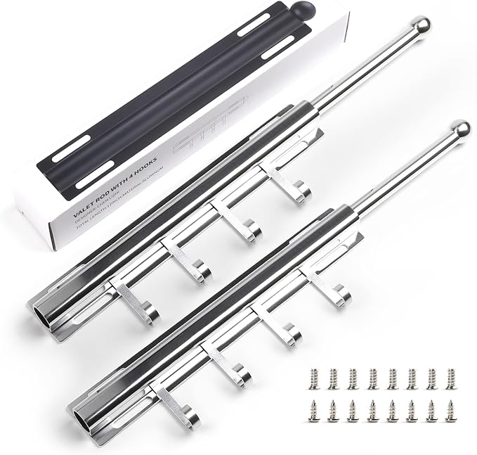 BaiNong 12" Valet Rod for Closet Pull Out With 4 Hooks Valet Rods for Closets (2Pack Silver) Closet Valet Rod Slide Out