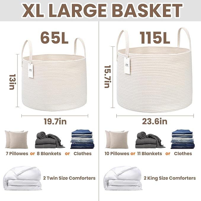 JMvicyroam 65L Extra Large Blanket Basket for Living Room - Woven Cotton Rope Laundry Hamper with Reinforced Handles - Storage Bin for Pillows, Comforters & Toys - Machine Washable,White