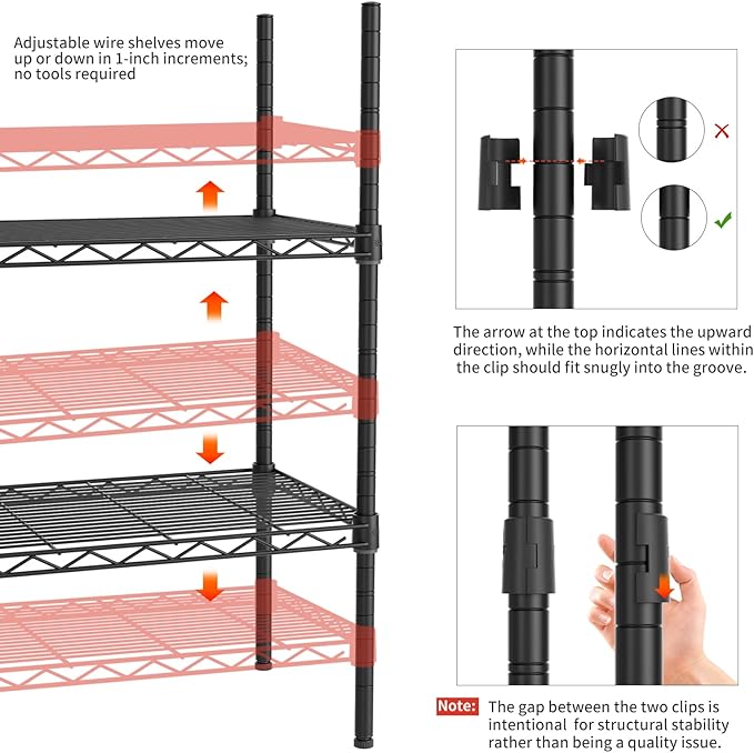 Golpart 4 Tier Adjustable Storage Shelves,Heavy Duty Metal Utility Shelf 600LBS Capacity,Wire Shelving Unit Organizer Rack for Home Kitchen Office BathroomM Pantry Room 12" D x 22" W x 44" H Black