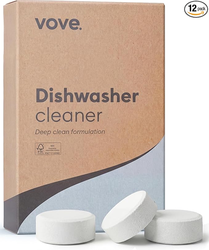 Vove Dishwasher Cleaner Tablets, 12 Count - Deep Clean Descaler for Hard Water, Limescale and Odor - Enzyme and Oxygen-Powered Formula with Plant-Based Softeners, FSC-Certified Kraft Packaging