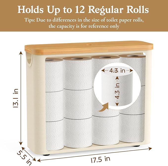 Toilet Paper Storage Basket with Bamboo Lid, Toilet Paper Holder with Storage, Free Standing Bathroom Storage Organizers with Non-Slip Bottom Beige, 1 Pack