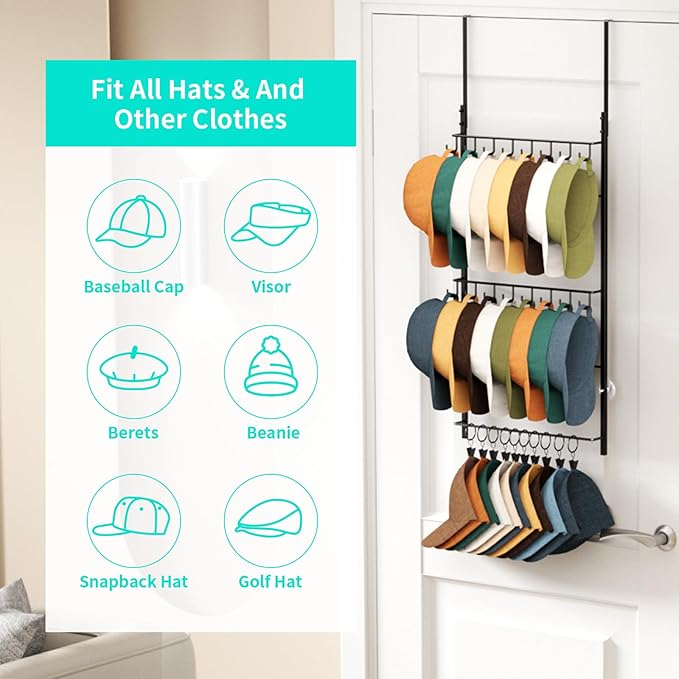 HapiRm Over Door Hat Rack - 3 Tier Wall Mounted Hat Organizer with 16 Hooks and 10 Movable Clips, Baseball Cap Organizer Storage Holds up to 26 Caps for Door, Bedroom, Closet USPTO Patent Pending