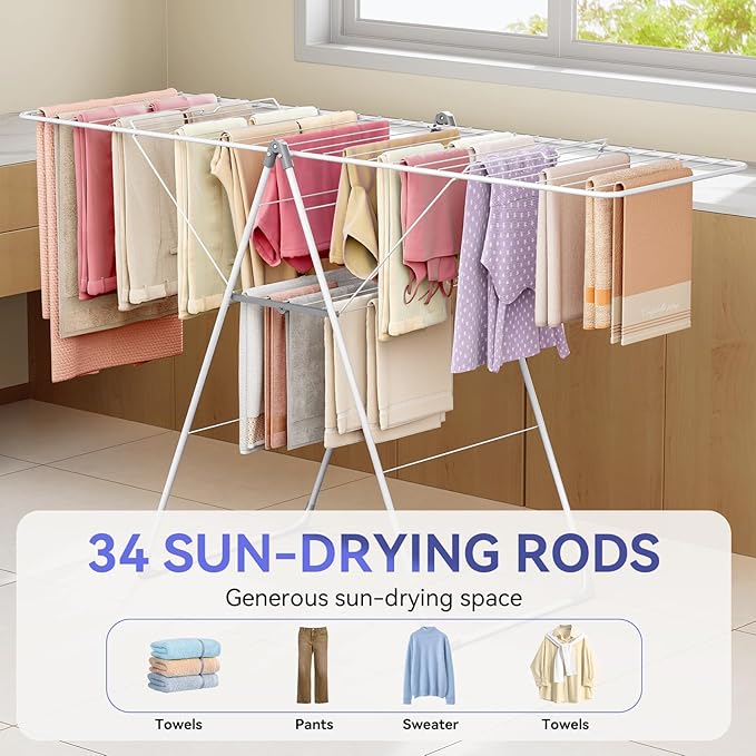 APEXCHASER Clothes Drying Rack, Foldable Oversized Drying Rack Clothing with L-Shaped Foot Cover, Height-Adjustable, Multi-Bar Laundry Rack, Indoor Outdoor Use, 20.47"D x 70"W x 42.52"H, Pearl White