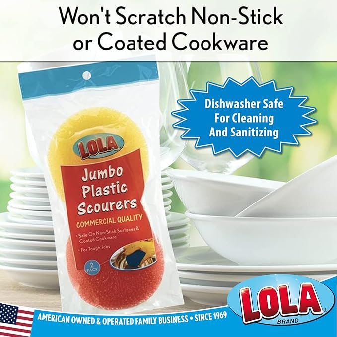 LOLA Jumbo 4" Plastic Mesh Scouring Pads, 2 Pack, Non-Scratch, Great for Pots, Dishwashing, Sinks, Appliances, Assorted Colors