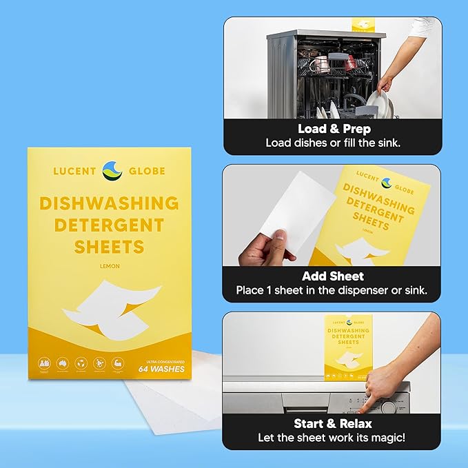 Lucent Globe Dishwasher Dishwashing Detergent Sheets, Dish Soap & Dishwasher Tablets Alternative. Plant-Based, Eco-Friendly, Fully Biodegradable, Lemon Scent (1 Pack of 64 Washes)