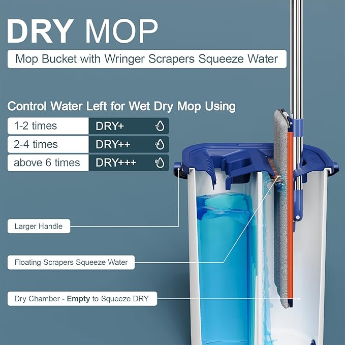 Large Mop and Bucket System with Wringer Set, Hands-Free Flat Mops for Floor Cleaning, Mopping Bucket System with 8 Washable Microfiber Pads for Wet and Dry Use, Home Windows and Wall Cleaner Mop