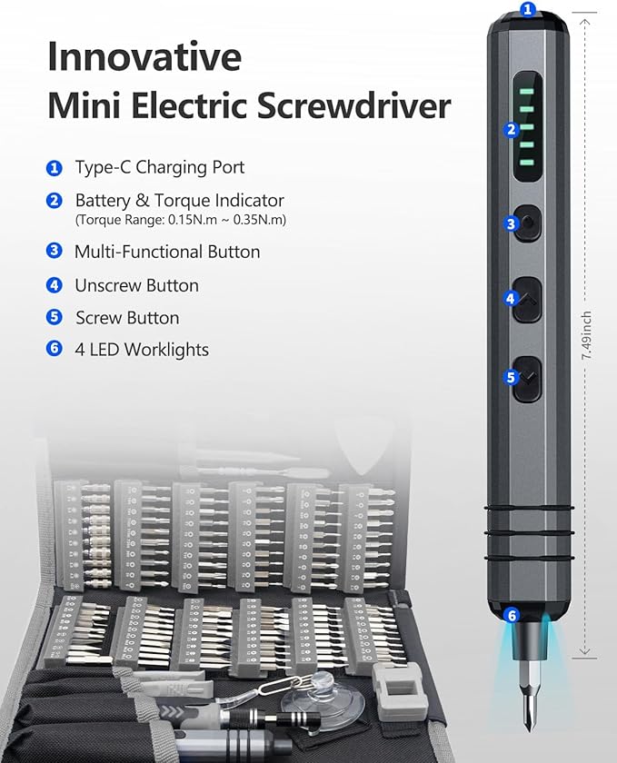 Mini Electric Screwdriver Set 140-IN-1: UnaMela Small Electric Screwdriver Cordless - 5 Torque Settings, 120 Precision Bits, LED Light, Magnetic Power Screwdriver Repair Tool Kit for PC RC Electronics
