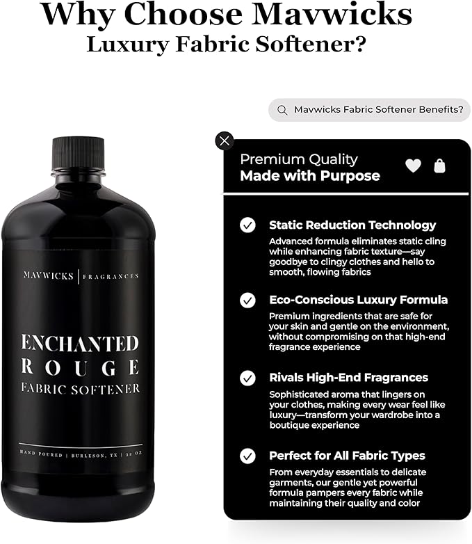 Mavwicks Fragrances - Luxury Scented Liquid Fabric Softener (Enchanted Rouge) 32 Oz – Crafted with Clean Ingredients – Reduces Static, and Softens Clothes – Safe for All Fabrics and Skin