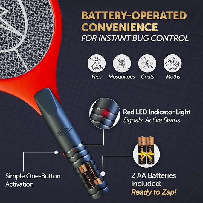 Upgraded Bug Zapper Racket 2025- Big Electric Fly Swatter & Mosquito Zapper for Indoor/Outdoor Insect Control - Battery-Operated Tennis Racket Zap - Portable High Voltage Bug Zapper