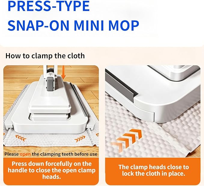 Snap Grip Mini Mop Touch Free Press Grip Removable Polvo Mini Lazy Dust Mop and Sweeping Mop for Wet and Dry Disposable Pads, Multi-Surface Floor Cleaning (5 Sheets Included)